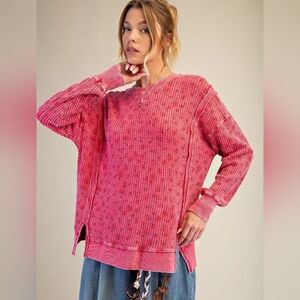 Easel Pink Floral Mineral Wash Waffle Knit Oversized Boho Crew Neck Sweater Top